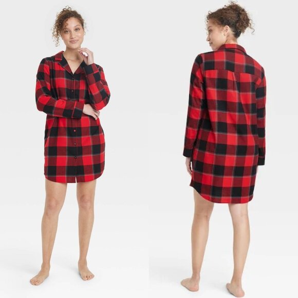 Small - Womens Flannel Notch Buffalo Check NightGown - Stars Above - Red - Picture 1 of 5